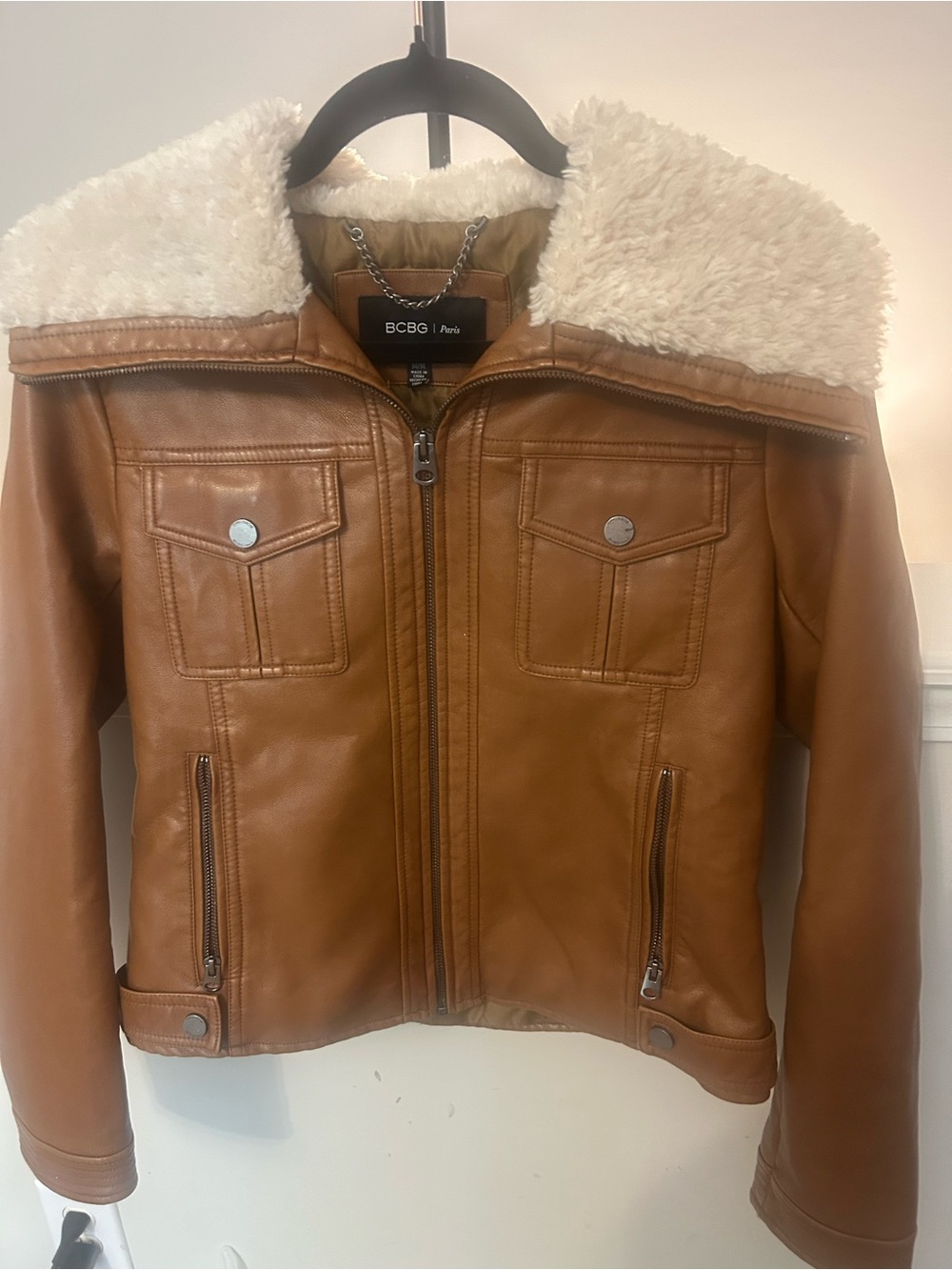 BCBG Tan Faux-Leather Moto Jacket with Cream Sherpa Collar - Picture 13 of 15